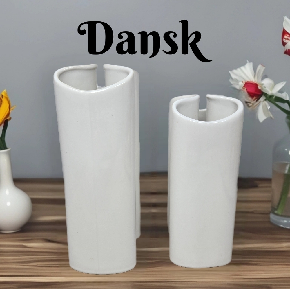 Vintage Dansk White Ceramic Pair of Double Vases Style Modernist Curvaceous